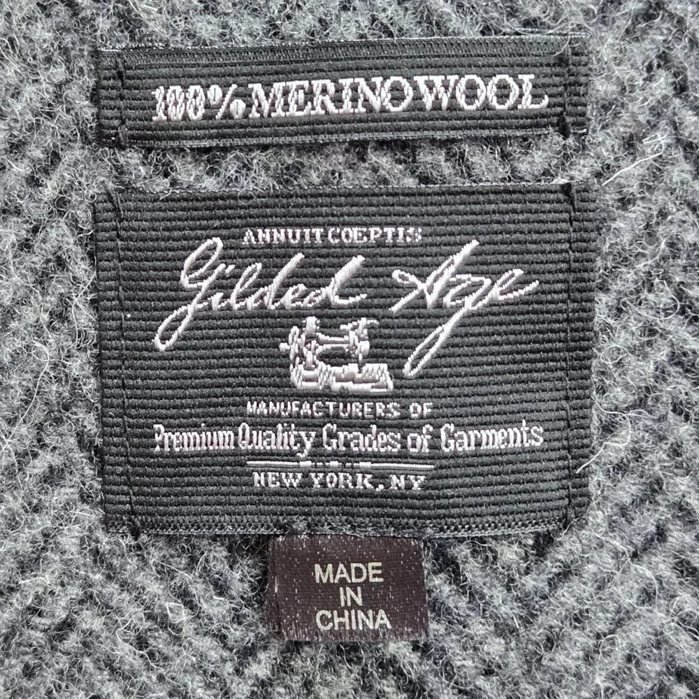Gilded Age 100% Merino Wool Herringbone Grey Black Fringe Scarf